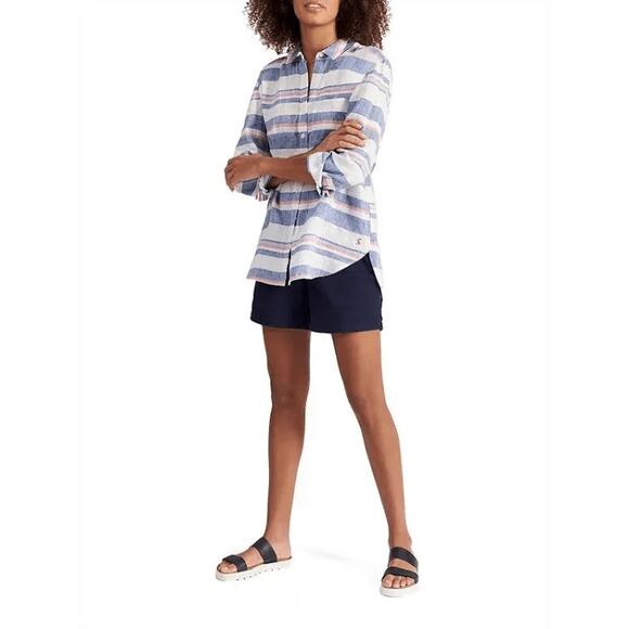 Joules Jeanne Print Women's Button-Front Linen Long Sleeve Shirt Blue Pink Sz 4 - Picture 1 of 9